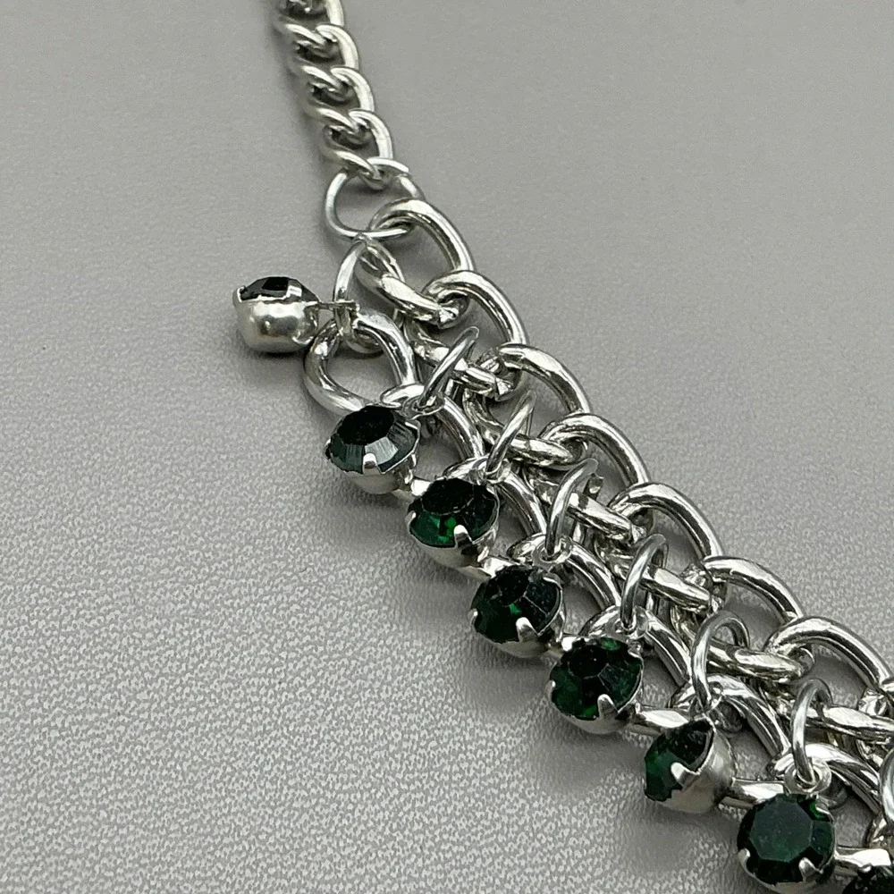 Necklace Green Rhinestone Silver Tone Chunky Chain Bib Statement Dangle Collar